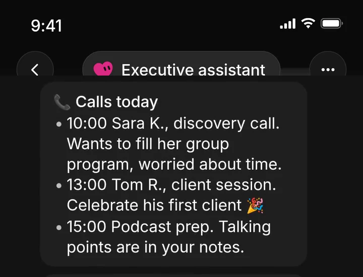 Executive assistant, real recording: today's calls, with notes
