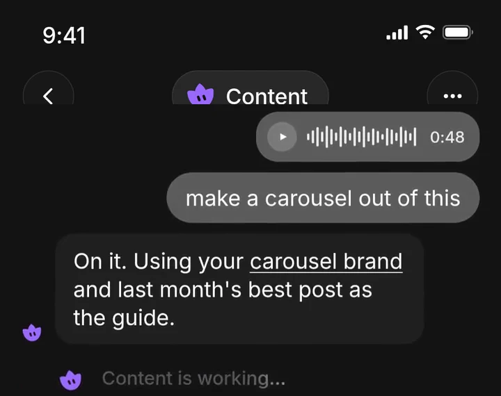 Content agent, real recording: a voice note in, the carousel on its way